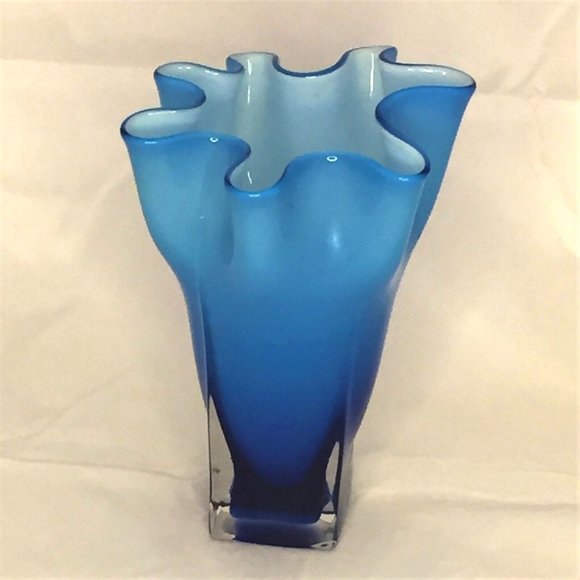 Art Glass Blue Hand Blown Vase Ruffle Edge White Interior 6" Tall - Picture 3 of 4